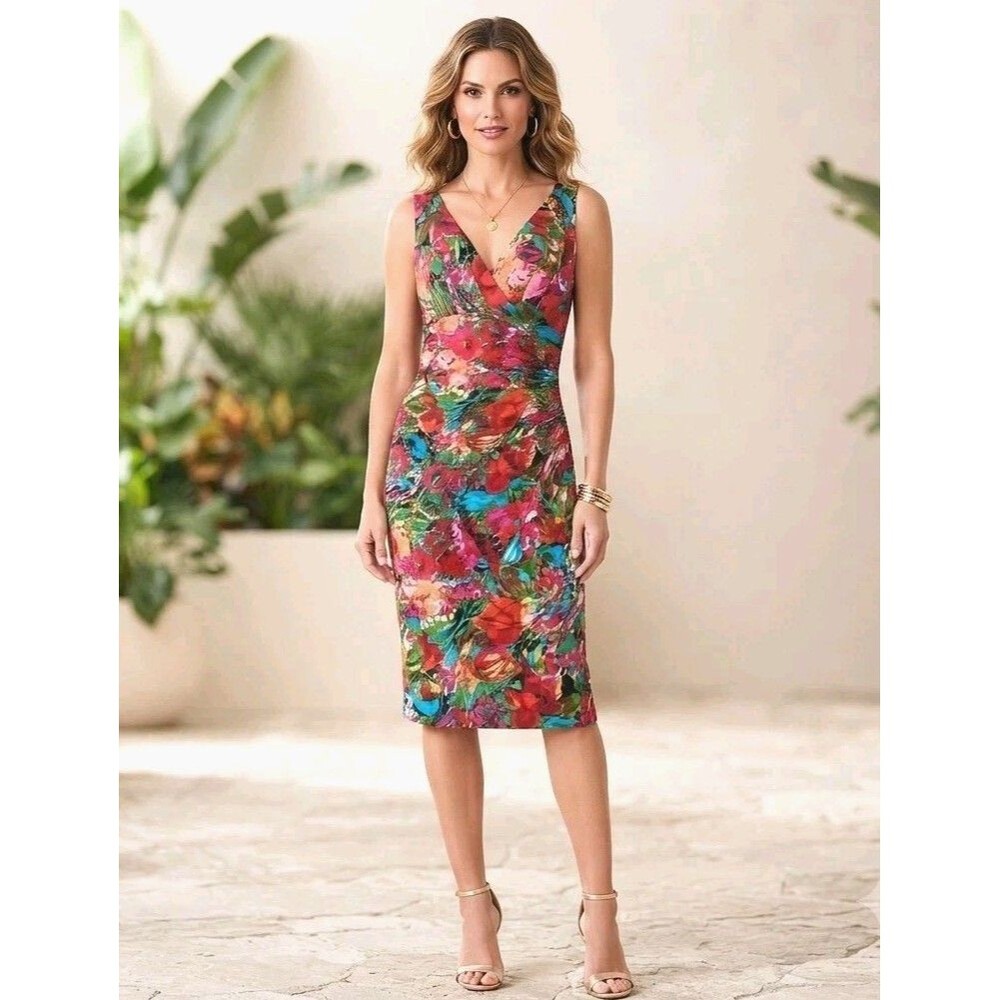 Lauren Ralph Lauren Dress 12 Multicolor Floral V-Neck Ruched Midi Resort Cruise